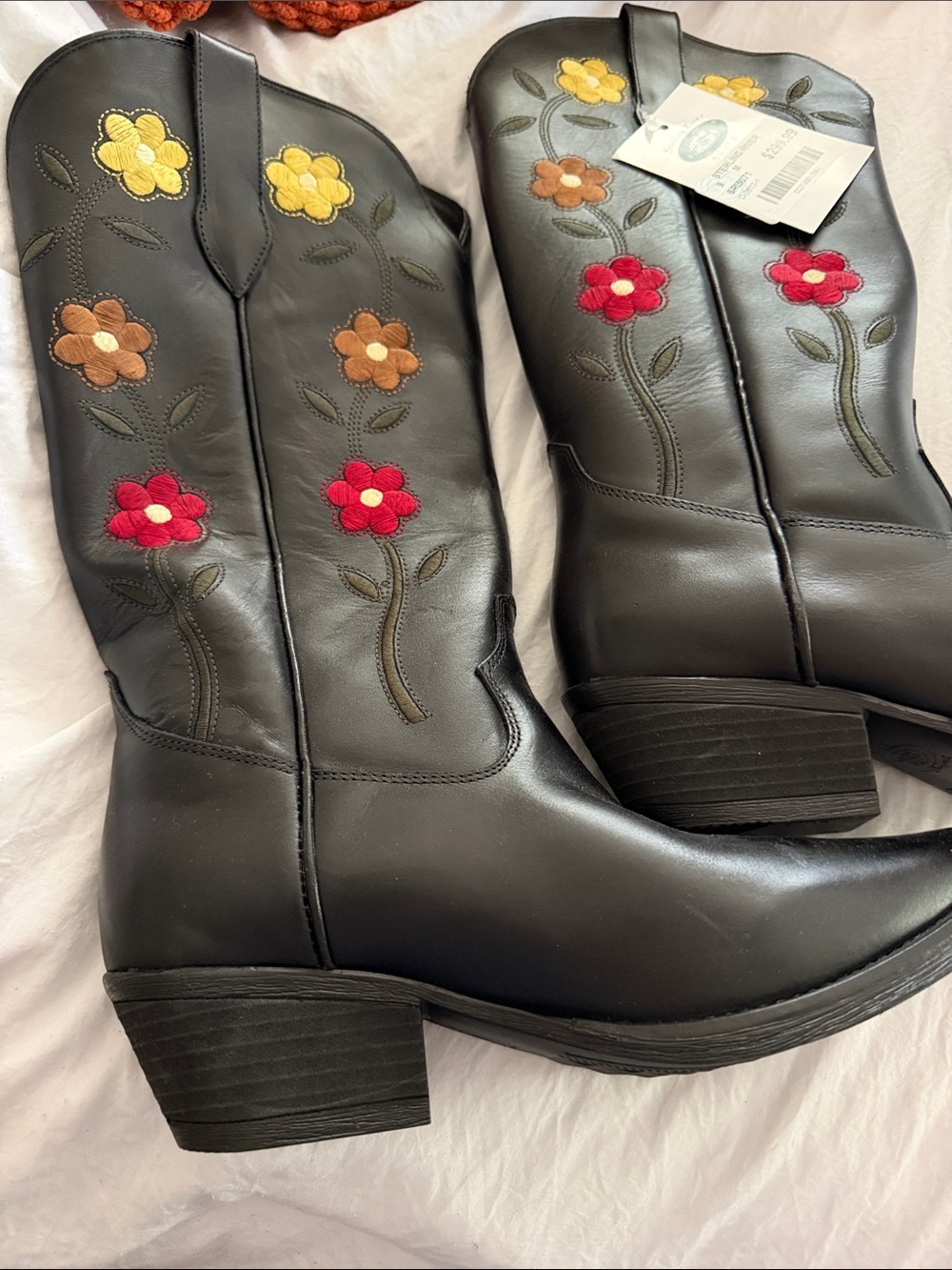 Diesel Black Heeled Western Boots with Multicolor Floral Embroidery